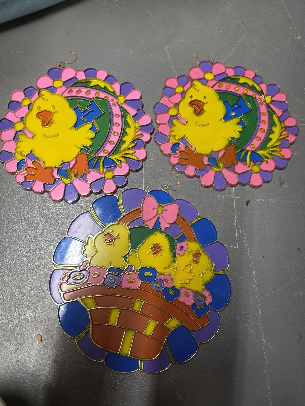 3 Vintage Plastic Happy Easter Chick Sun Catchers